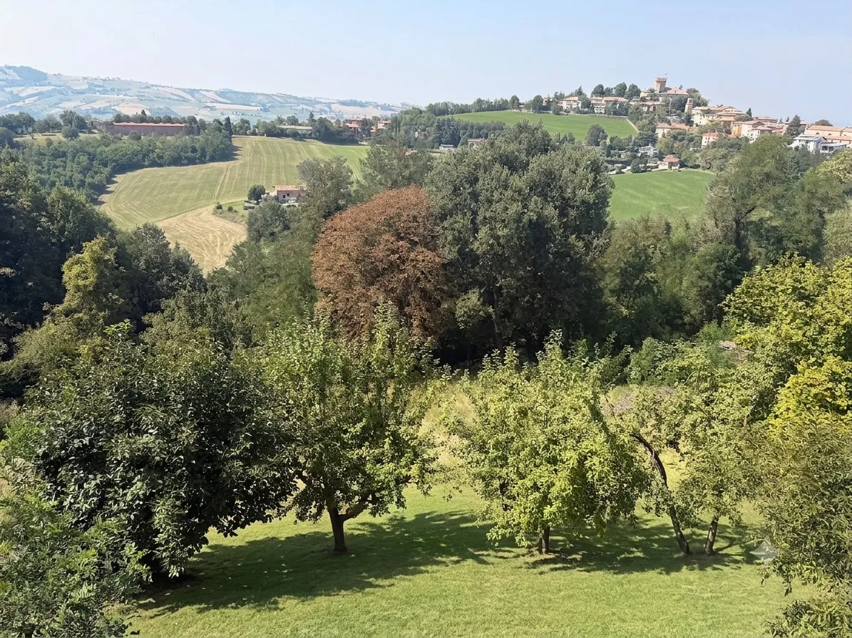 I sentieri e i prati intorno alla struttura, con il borgo di Guiglia sulla collina di fronte